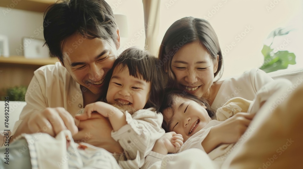 Playful, children and parents on the sofa for love, care and happiness in the living room of home together. Portrait of happy, smile and young kids playing with their mother and father on the couch Playful, children and parents on the sofa for love, care and happiness in the living room of home together. Portrait of happy, smile and young kids playing with their mother and father on the couch