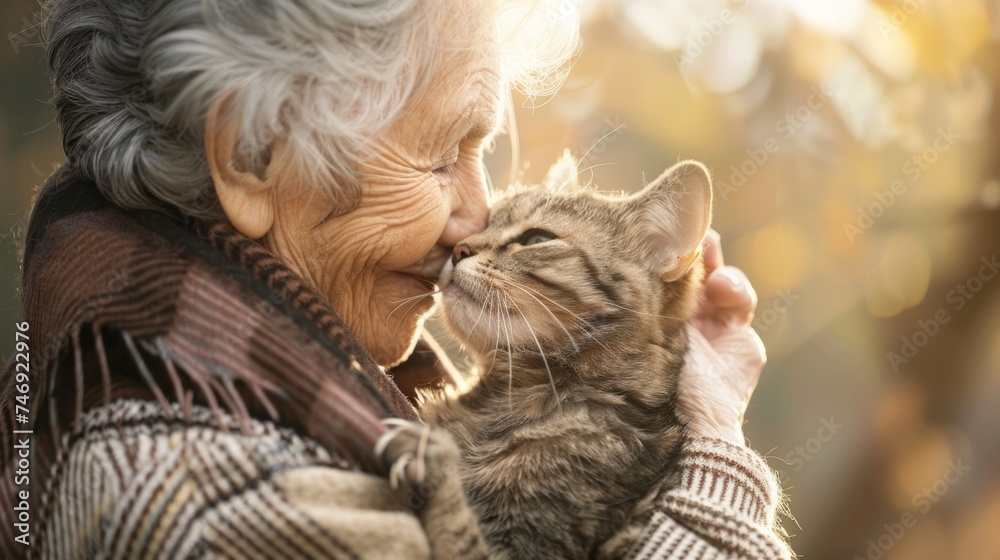 Wrinkled hands, gentle touch, meet soft fur and playful paws. A bond blossoms between elder and kitten, sharing warmth, laughter, and companionship.therapy animals. - obrazy, fototapety, plakaty 
