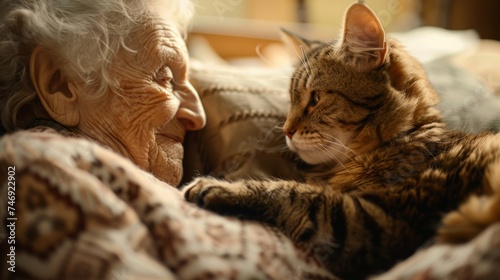 Wrinkled hands, gentle touch, meet soft fur and playful paws. A bond blossoms between elder and kitten, sharing warmth, laughter, and companionship.therapy animals.