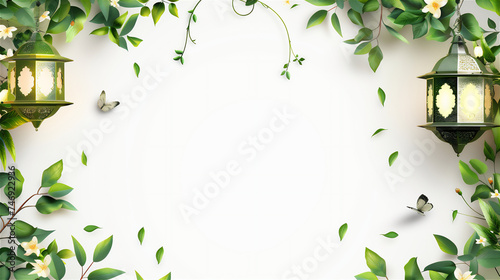 Ramadan in Spring greeting card with floral frame and lantern isolated on white photo