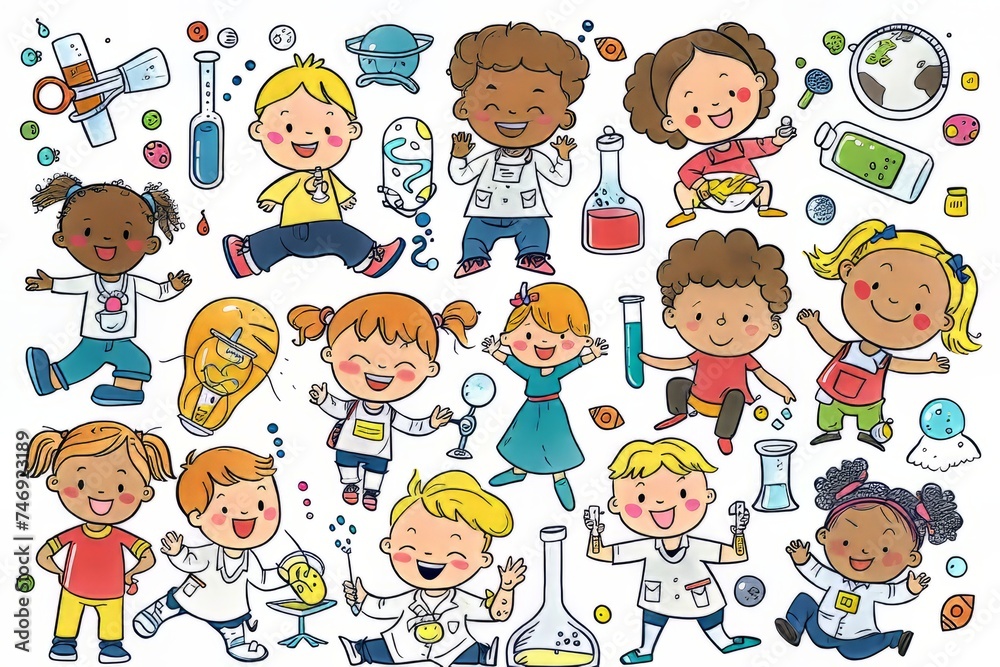 Cartoon cute doodles of kindergarten children participating in a science experiment and making exciting discoveries, Generative AI