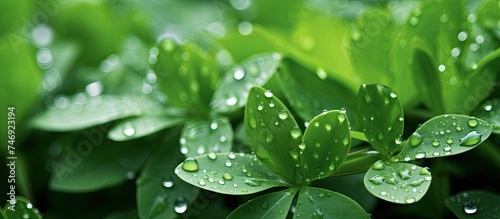 A close-up view of several green leaves covered in glistening raindrops, creating a refreshing and vibrant image of nature awakening after a rainfall.