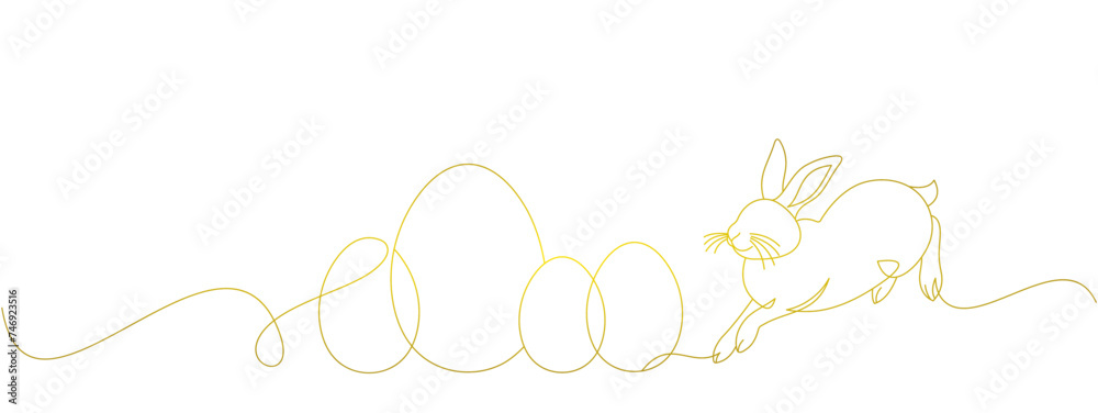 Illustration of a rabbit running towards four easter day eggs, eps format