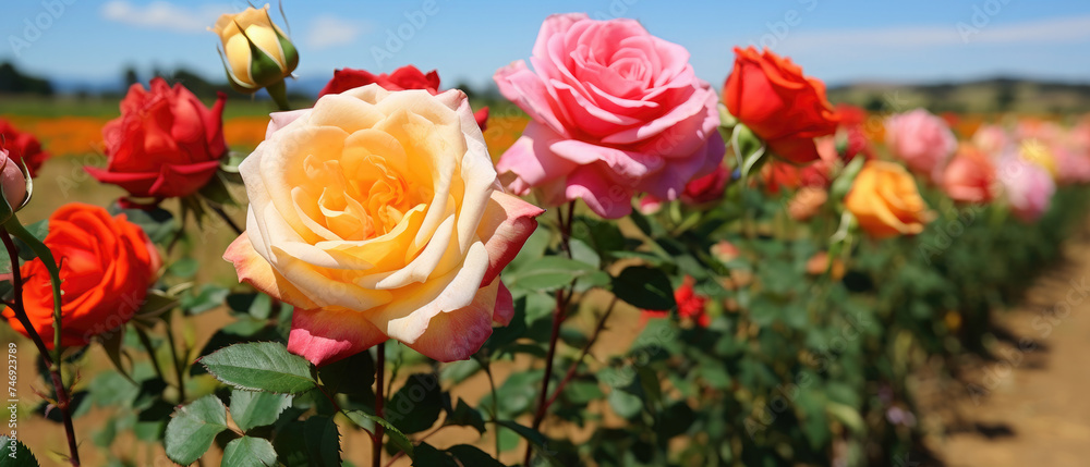 Field of bright blooming colorful Roses flowers in a wide green meadow with clear blue sky and sunny weather created with Generative AI Technology