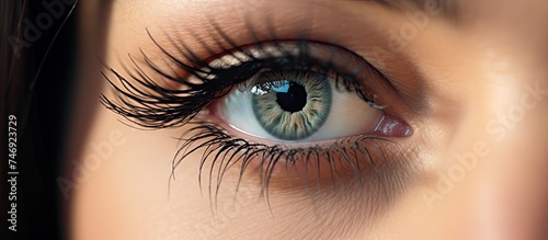 A close-up view of a brunette womans eye showcasing her long, stunning eyelashes. The lashes are thick and enhance the natural beauty of her eye.