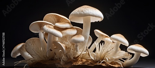 A cluster of Lactarius piperatus mushrooms, known for its peppery white milk, are arranged neatly on top of a table. photo