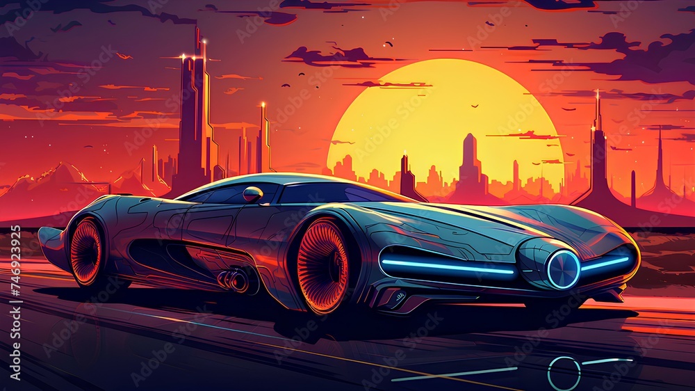 The future sport car with landscape and sunset