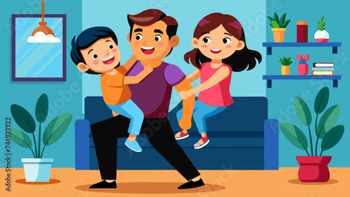 Vector illustration drawing of a parent playing with his children.