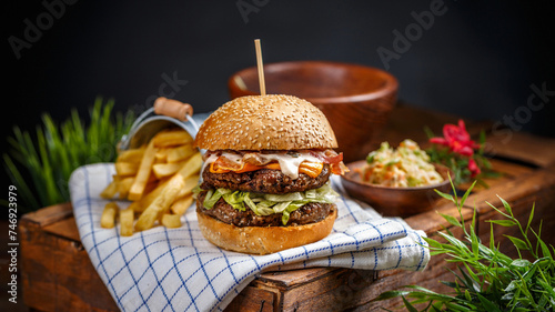 Still life Freshly cooked burger on wooden board on light background, Tasty grilled beef burger, Perfect Grilled Burger Recipe,