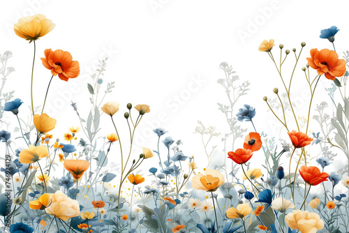 A field of poppy flowers is designed on a white background with copy space for text. Minimalist design.