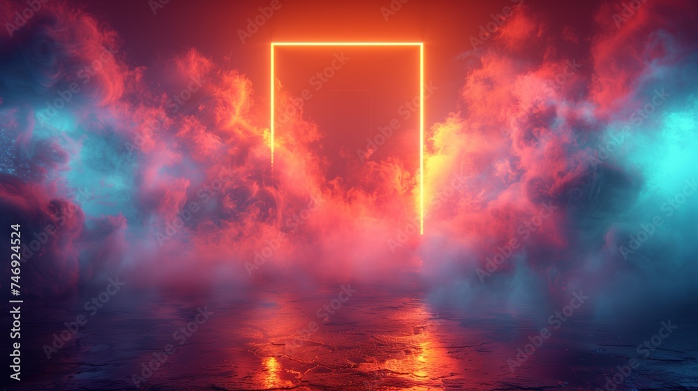 Illustration of a neon-colored door frame shrouded in a thin halo of smoke in the air. - obrazy, fototapety, plakaty 