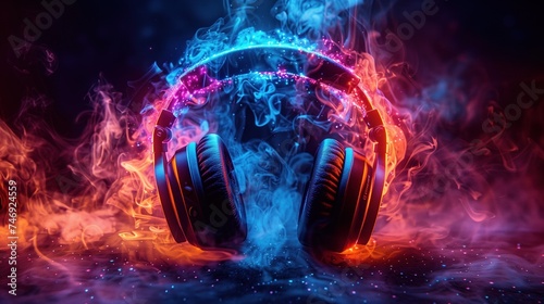 Illustration of headphones shrouded in a halo of thin smoke in the air. photo