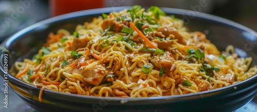 Delicious bowl of Asian noodles with grilled meat and fresh vegetables, a flavorful and wholesome meal
