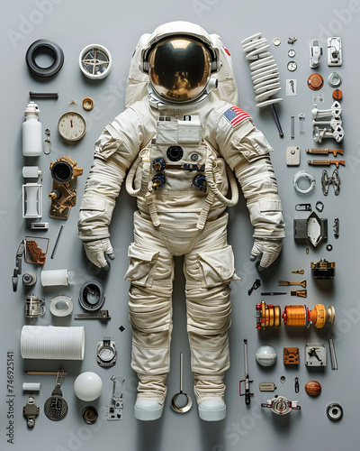 Astronaut image in knolling style on the grey background