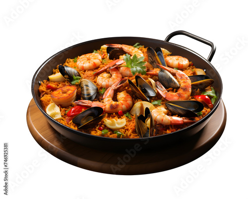 Seafood Paella on white and transparent background. Mediterranean diet. Traditional food concept. Flat lay.
