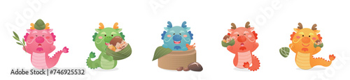 Dragon, zodiac sign and Chinese Dragon Boat Festival, traditional food Zongzi, delicious glutinous rice food, vector illustration set
