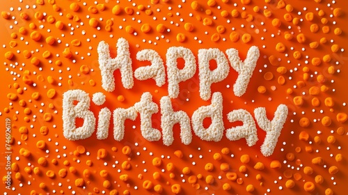 Orange Happy Birthday concept creative horizontal art poster. Photorealistic textured words Happy Birthday on artistic background. Ai Generated Congratulations Horizontal Illustration. photo