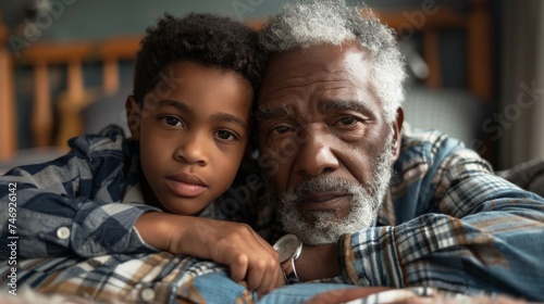 Senior man and boy leaning on elbows lying down at home