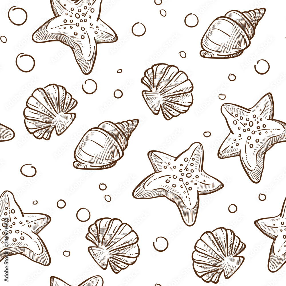 Seashells and sea star, bubbles seamless print Seashells and sea star, bubbles seamless print