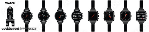 Watch icon Black set. Classic men's and women's watches set of vector icons. Watch for businessman, fashion and and clocks collection.