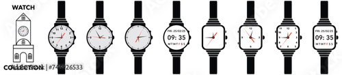 Watch icon. Classic men's and women's watches set of vector icons. Watch for businessman, fashion and and clocks collection.