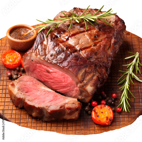 Beef steak served in wooden board, on white and transparent background. Grilled steak, medium rare.
