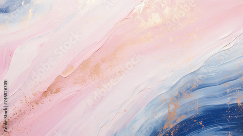 abstract acrylic painting background soft brush strokes in pink, dark blue, aqua and white marble texture style with gold glitter sparkles