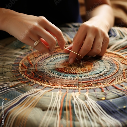 illustration of Hands weaving a vast tapestry threads representing, Generative ai