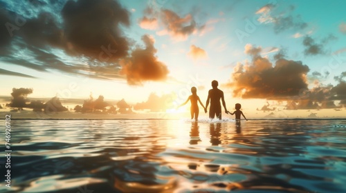 Silhouette family mother, father and young son holding hands, taking a swim in the sea for the first time the children over blurred beautiful © Sasint