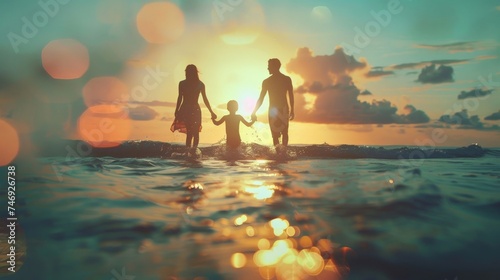 Silhouette family mother  father and young son holding hands  taking a swim in the sea for the first time the children over blurred beautiful