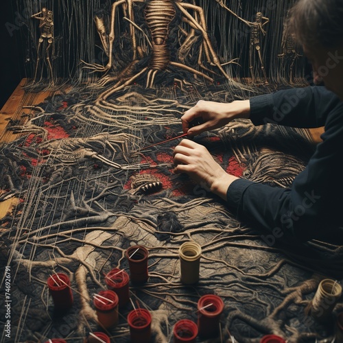 illustration of Hands weaving a vast tapestry threads representing, Generative ai