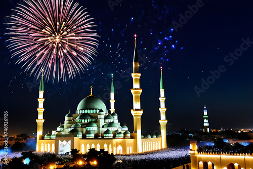 Beautiful fireworks in the sky behind the mosque on the occasion of Eid al-Fitr. Mosque at night