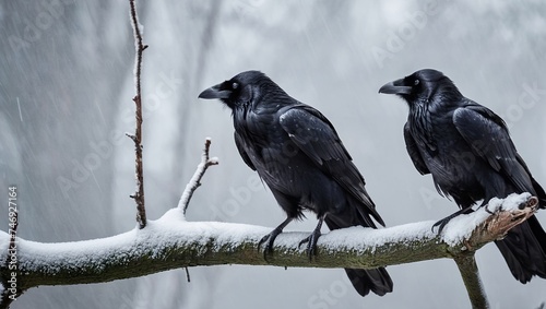two passerine birds ravens on a tree in winter rain photo