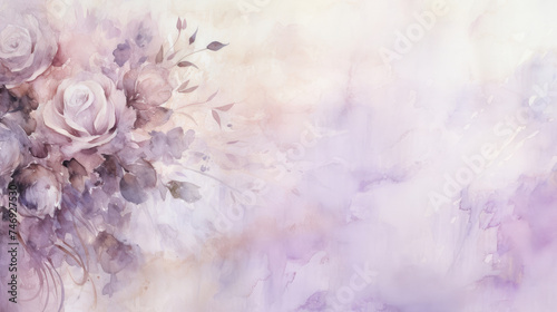 Abstract vintage watercolor wash pastel purple lilac and beige  flat texture with faded white rose flowers edge background created with Generative AI Technology photo