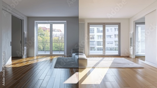 a A4 format split in two parts. The 2 parts show the same interior apartment  same view  same angle.  