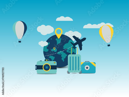 world travel vector illustration of a travel concept called globetrotting a plane travel through all famous international cities