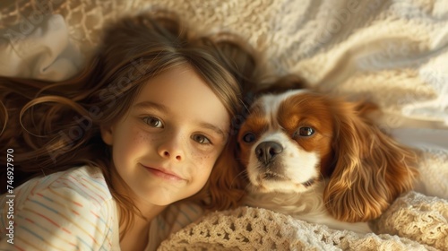 Childhood innocence meets canine companionship, a heartwarming sight that melts the heart.happy times.Cavalier King Charles Spaniel dog.