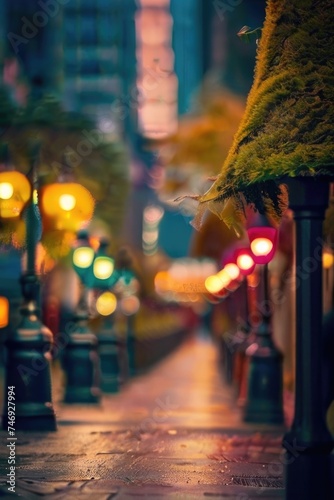 Low angle of the street on a vibrant bokeh background