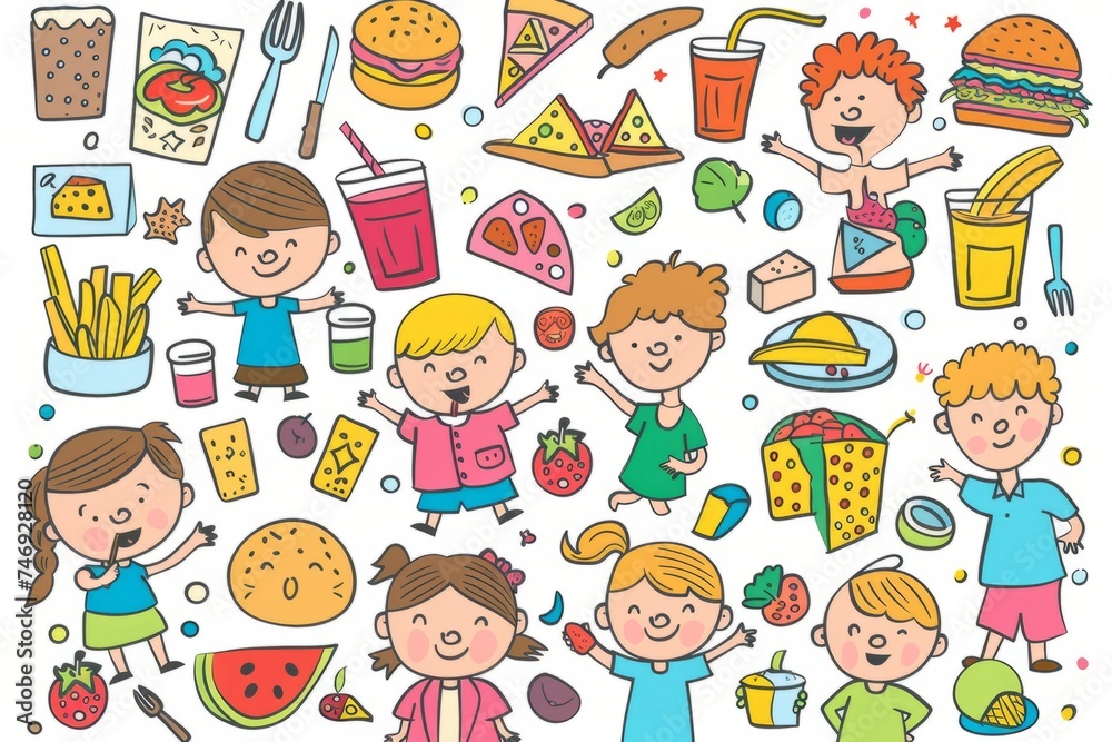 Cartoon cute doodles of kids enjoying healthy snacks and lunches together in the kindergarten cafeteria, Generative AI