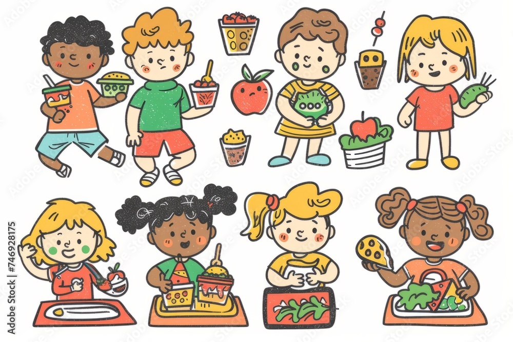 Cartoon cute doodles of kids enjoying healthy snacks and lunches together in the kindergarten cafeteria, Generative AI Cartoon cute doodles of kids enjoying healthy snacks and lunches together in the kindergarten cafeteria, Generative AI