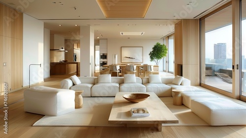 a spacious and cozy living room in a large flat  featuring natural wood tones and white elements   
