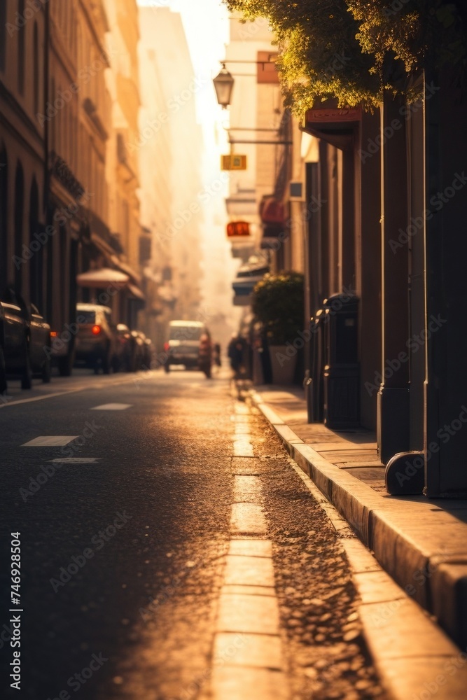 Morning in the street on a blurred background