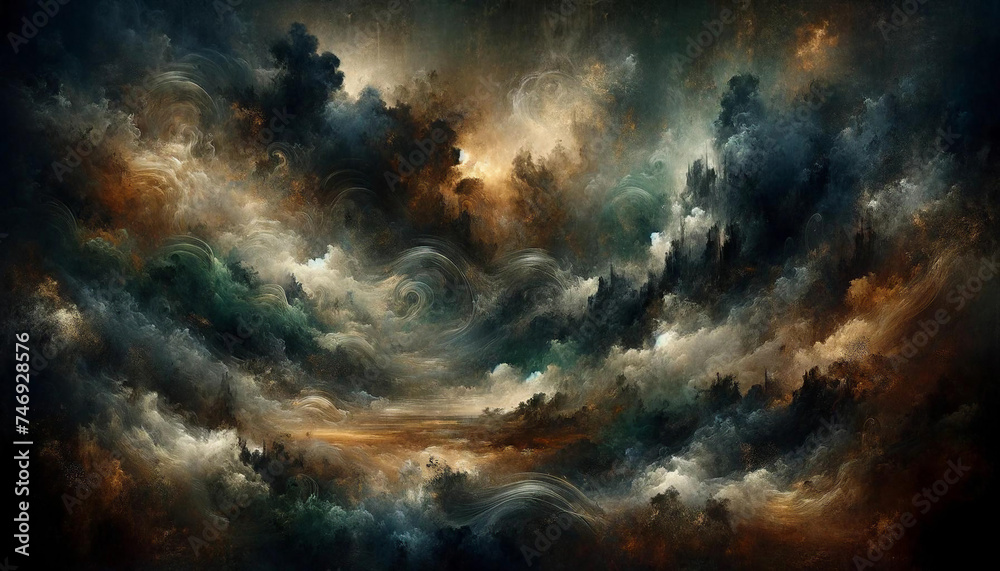 painted texture background with swirling clouds of bronze, black, dark teal, white, and gold,