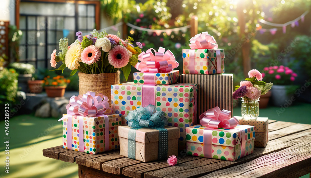 Gift boxes wrapped with bright paper and bows, displayed on a wood table with flowers in a blurred backyard garden party setting.