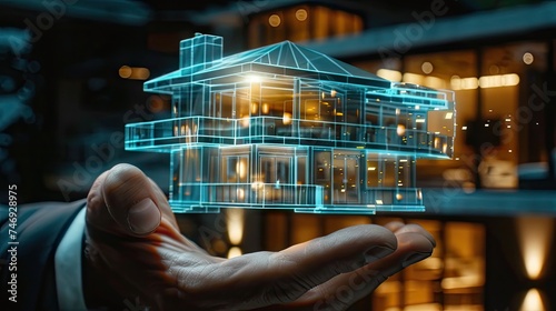 Close-up of a businessman's hand holding a hologram of a luxury house 
