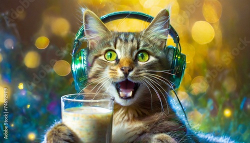 Illustration of a cat with a glass of milk and wearing headphones.
