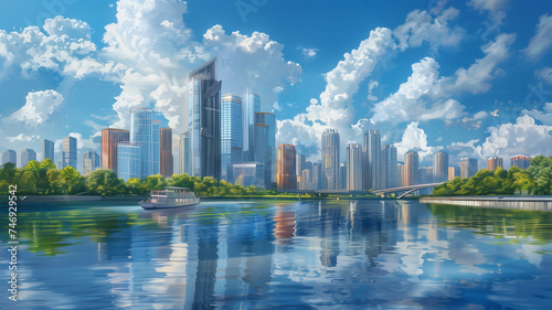 Modern cityscape with reflective waterfront photo
