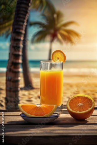 Orange juice on a wooden table on the beach background