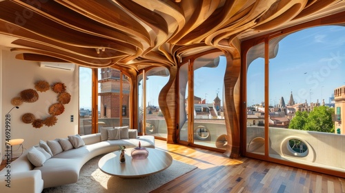 contemporary apartment interior, with gaudi inspired elements, wooden ceiling, histroic barcelona outside the window 