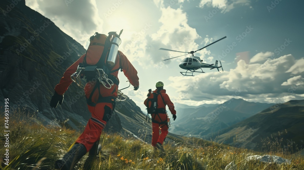 Obraz premium Two paramedics with safety harnesses and climbing equipment running to helicopter emergency medical service. Themes of rescue, help and hope.